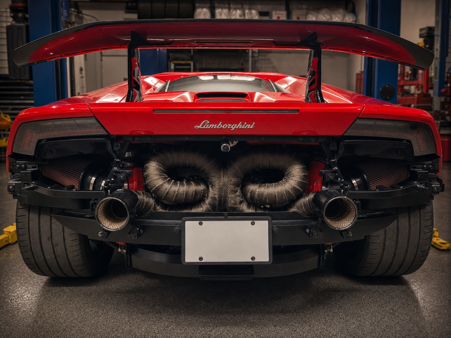 Lamborghini Huracan rear exhaust hardware with license plate blanked