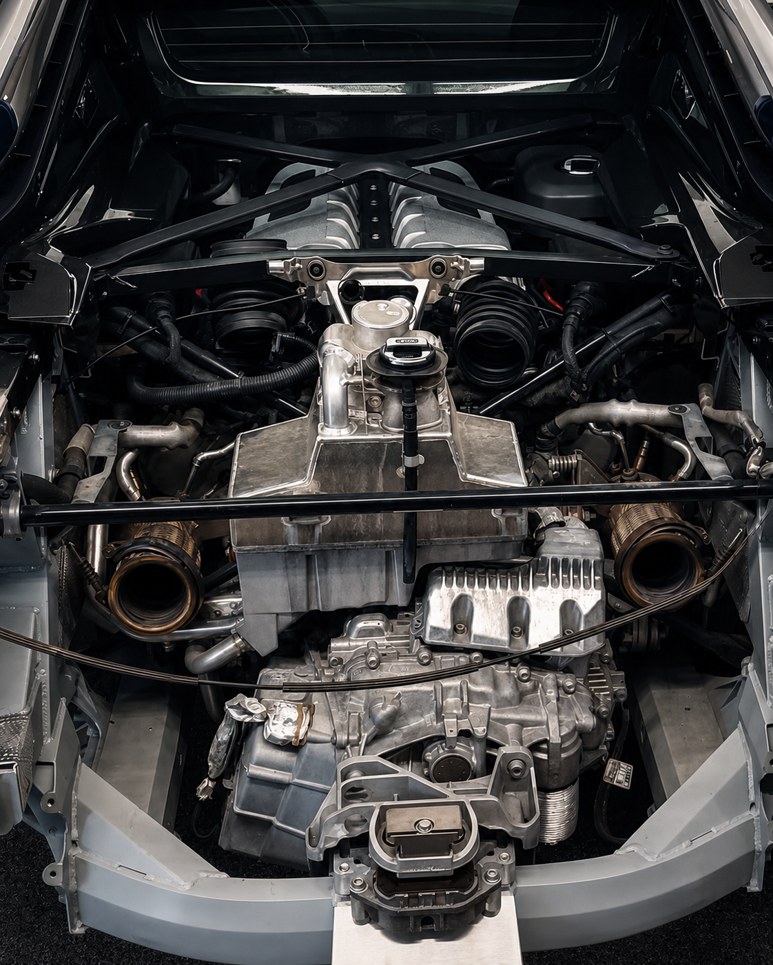 Audi R8 engine bay opened for service work