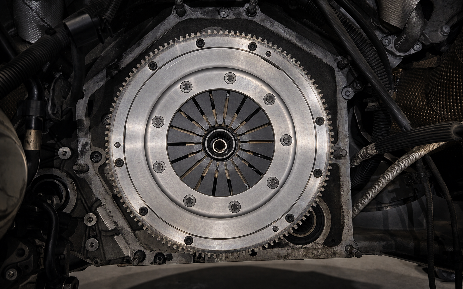 Clutch and drivetrain assembly exposed during mechanical diagnosis